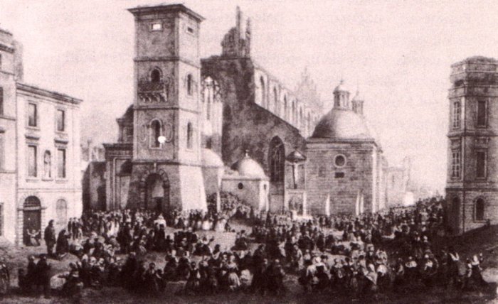 Kraków na starych obrazach i rycinach - Nabożeństwo na gruzach Kościoła Dominikanów  1850 rok.jpg