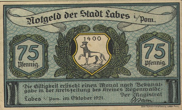 Banknoty - Łobez 1921 Pfennig 75 awers.jpg